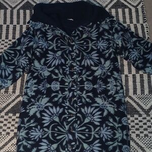 Blue Floral Fleece Button-Up Hooded Coat